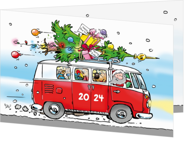 Weihnachtskarte - Weihnachtsmann mit Rentier in einem VW-Bus