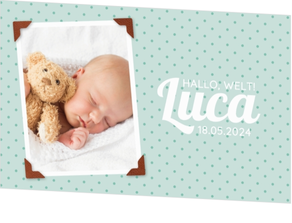 Geburtskarte Luca - Hellblau mit Tupfen