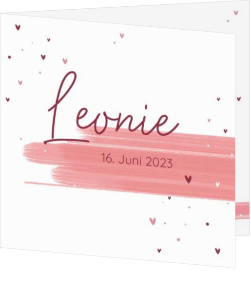 Geburtskarte Leonie - Wirbelnde Herzen und Farbstreifen