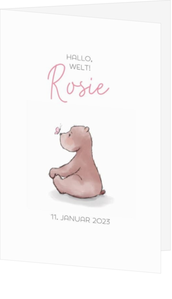 Geburtskarte Rosie - Bär mit rosa Schmetterling