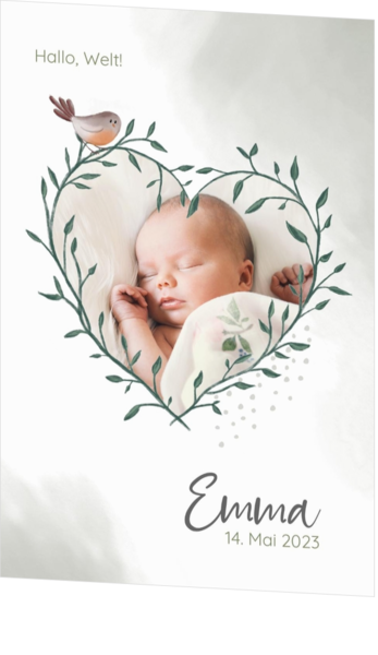 Holz & Natur - Geburtskarte Emma - Herz aus Blättern