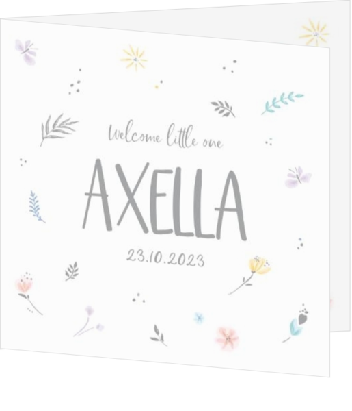 Geburtskarte Axella - Aquarellblumen und Schmetterlinge