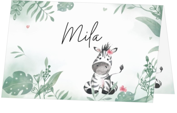 Geburtskarte Mila - Zebra im Dschungel