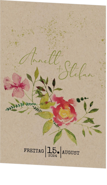 Hochzeitskarte - Aquarellblumen auf Kraftpapier - Grün