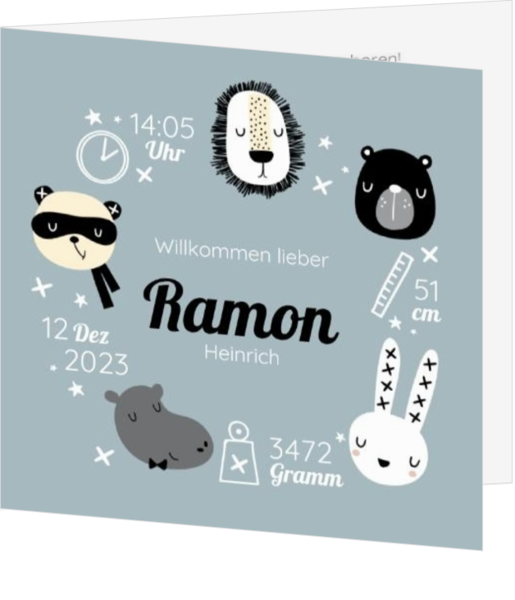Geburtskarte Ramon - Fröhliche Tiere