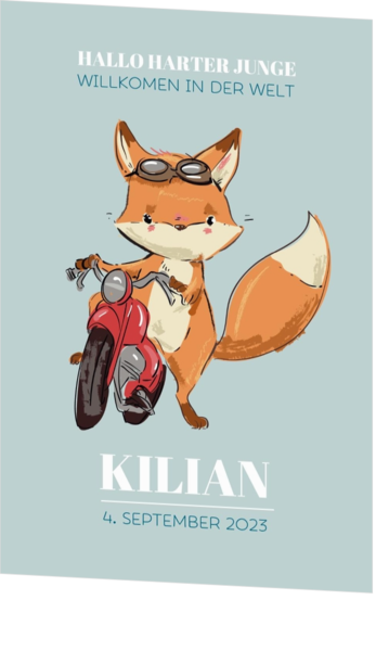 Geburtskarte Kilian - Fuchs mit dem Motorrad