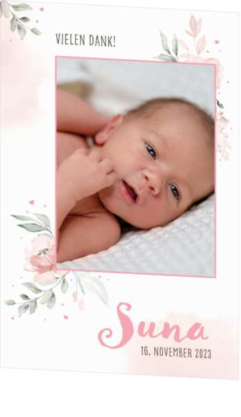 Geburtskarte Suna - Blumen mit Foto