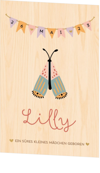 Geburtskarte Lilly - Schmetterling mit Fahnen