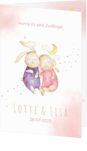 Geburtskarte Lotte & Lisa - Niedliche Häschen
