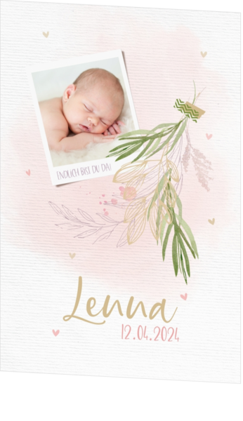 Geburtsanzeige Lenna - Rosa Aquarell mit Platz für ein Foto
