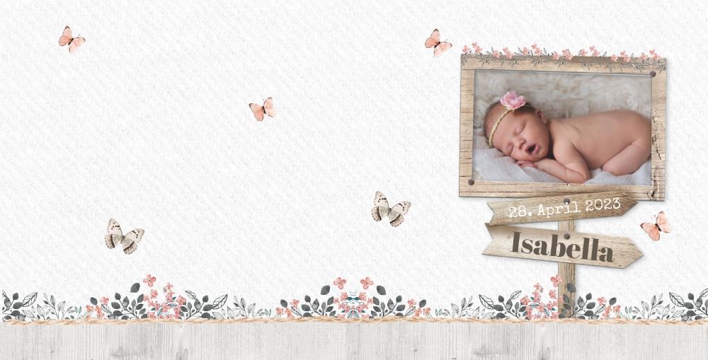Geburtskarte Isabella   Wegweiser mit Schmetterlingen Rückseite/Vorderseite