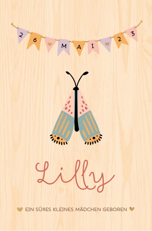 Geburtskarte Lilly   Schmetterling mit Fahnen Vorderseite
