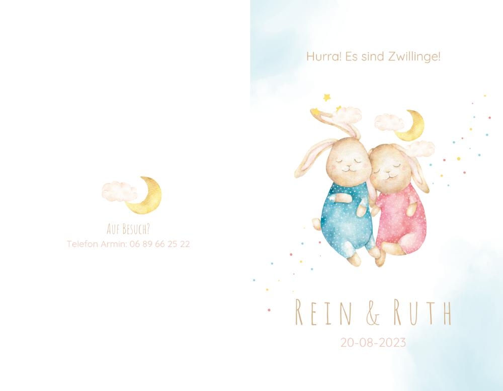 Geburtskarte Rein & Ruth   Schlafende Kaninchen Rückseite/Vorderseite