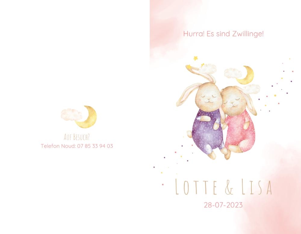 Geburtskarte Lotte & Lisa   Niedliche Häschen Rückseite/Vorderseite
