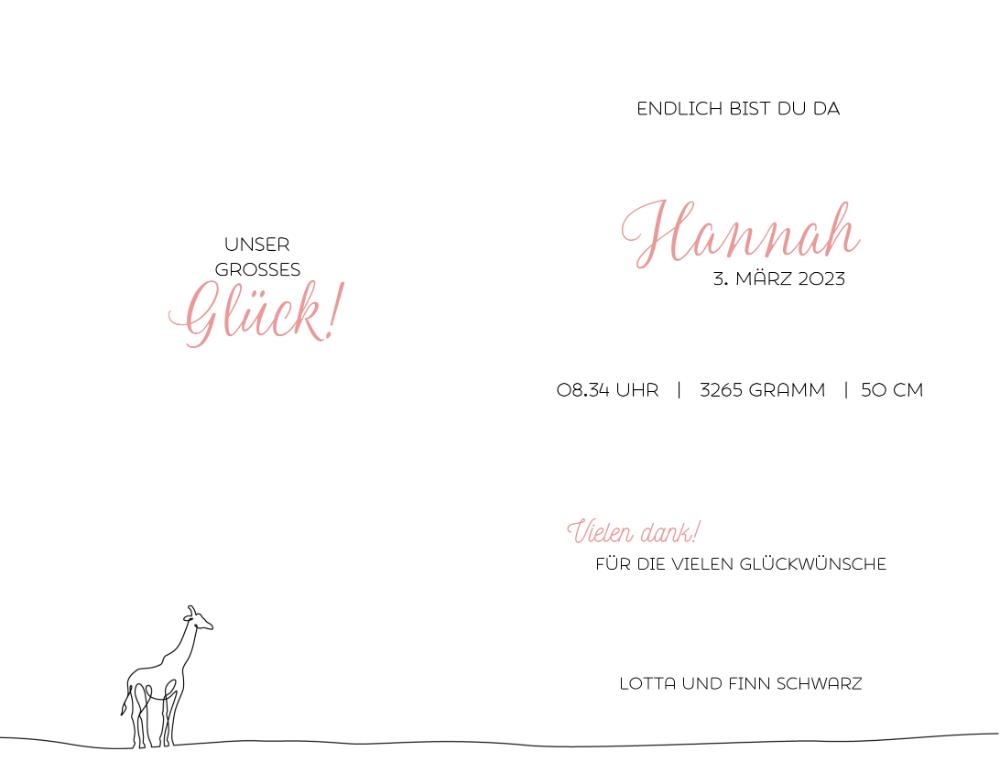 Geburtsanzeige Hannah   Strichzeichnung Giraffen Innenseite