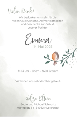 Geburtskarte Emma    Herz aus Blättern Rückseite