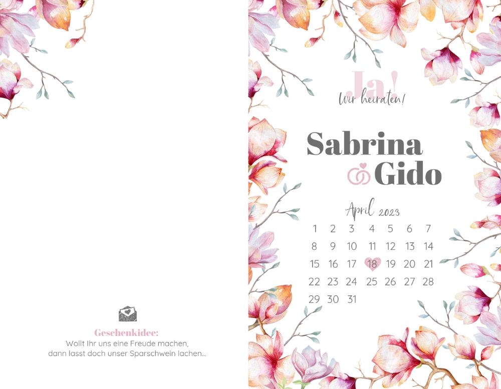 Hochzeitskarte   Aquarellblumen mit Kalender Rückseite/Vorderseite